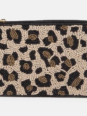 Leopard Beaded Zip Clutch - Beige, Black & Gold